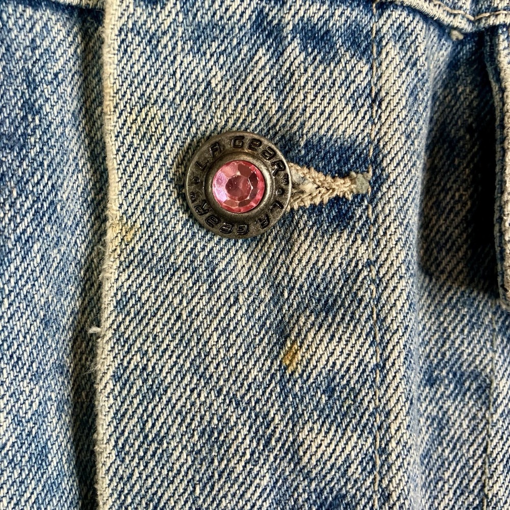 Vintage L.A. Gear Denim Jacket Cropped 80s 90s Logo Patch Teal Pink Y2K Style M - Picture 4 of 16